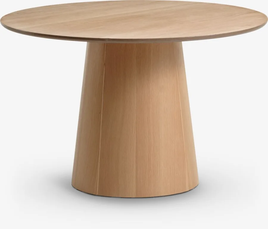 Mesa de comedor redonda de roble natural con acabado barnizado
